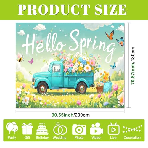 BlissYard Hello Spring Backdrop 8x6ft Flower Truck Photography Background Spring Garden Party Scenic Banner for Easter Celebration Birthday Baby Shower Classroom Photo Booth Decor - color: Hello Spring Backdrop#03