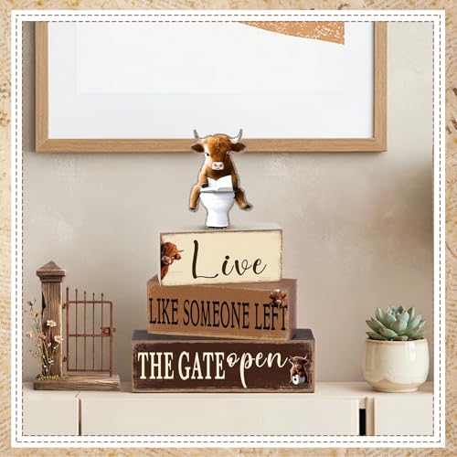 Geelin 4 Pcs Highland Cow Bathroom Decorations Bathroom Wooden Table Centerpiece Blocks Highland Cow Tiered Tray Decor Live Like Someone Left The Gate Open Sign for Indoor Home Desk Room Shelf Decor - style: Highland Cow
