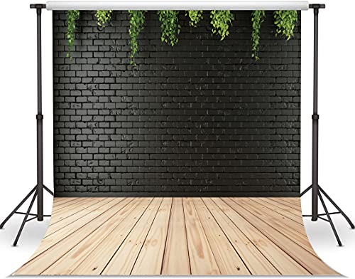 10X10ft Clean Black Brick Wall with Wood Floor Photography Backdrop for Portrait, Green Background, Vinyl Material for Birthdays, Parties, Weddings, Graduations DH-94 - size: 10X10FT
