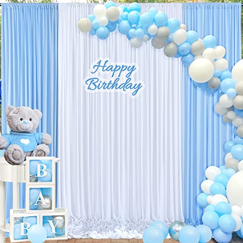 10x10ft Baby Blue and White Backdrop Curtains Panels for Parties Wedding Baby Shower Birthday Party Photography Background, Wrinkle Free Polyester Backdrop Curtains Drapes 4 Panel 2.5x10ft - color: Baby Blue+white, size: 60"W x 120"L (Pack of 4)