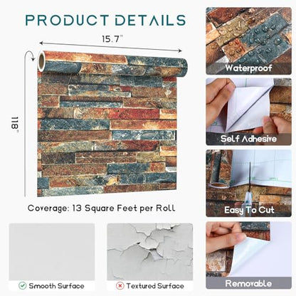 VEELIKE Brick Wallpaper Peel and Stick Retro Stone Wallpaper for Walls Backdrop Backsplash 15.7''x118'' Faux 3D Brick Wallpaper Removable Adhesive Brick Contact Paper for Bedroom Living Room Fireplace - size: 15.7" x 118"