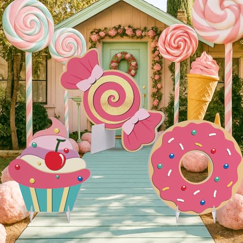 Soulchen 3 Pcs 24 Inch Large Candy Party Indoor Backdrop Decorations 3 Candy Board Signs with Bases, Candyland Photo Booth Props for Christmas Holiday Display Candyland Birthday Photo Booth Decor - style: Candy Party