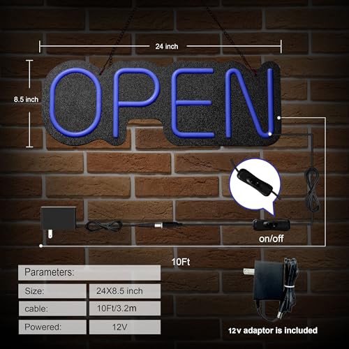 24 inch Neon Open Signs for Business, Open Sign With Textured Backboard LED Anti-Scratch Easy Dedust Neon Light for Business(Blue) - color: Blue