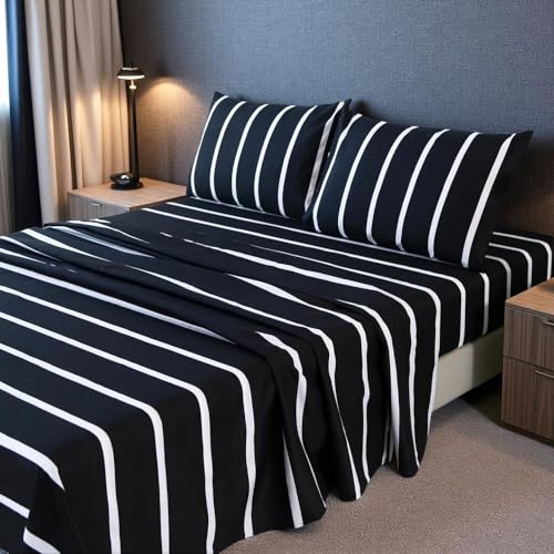 MAG 4Pcs Striped Queen Sheets Set,Black and White Microfiber Sheet Set Queen Size,Included 1 Fitted Sheet 14'' Deep Pocket+1 Flat Sheet+2 Pillowcases Soft and Breathable,Wrinkle and Fade Resistant. - color: Striped, size: Queen