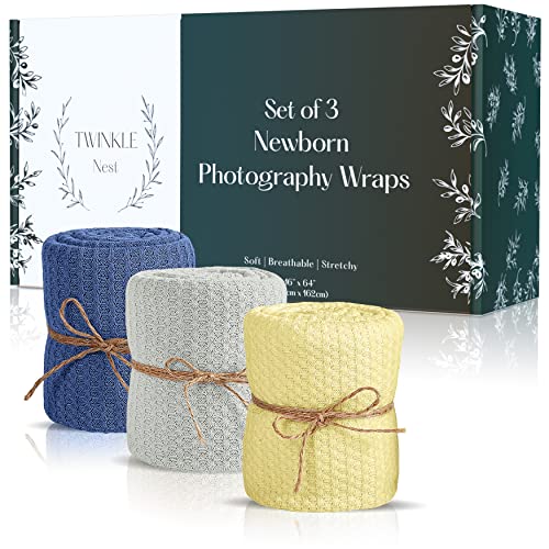Baby Wrap. Set of 3 Newborn Photography Wraps. Baby Swaddle or Blanket for Newborn Photography Props. Waffle Knit Swaddle. Infant Photoshoot Props for Boy or Girl. - color: Blue, Frosted Mint, Yellow