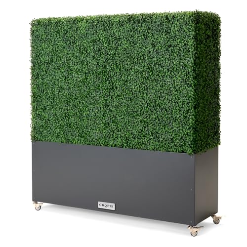 Artificial Boxwood Hedge Wall with Dark Grey Planter Box and Wheels, Greenery Fake Faux Grass Panels Backdrop Divider 48" WX50 HX14 D - size: 48"wx50"hx14"d