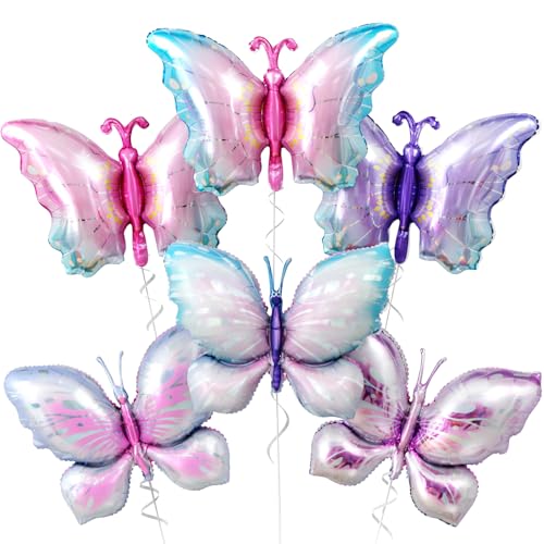 6 Pcs Butterfly Balloons Foil, Large Pastel Pink Purple Foil Balloon Gradient Butterflies Balloons Helium for Butterfly Themed Wedding Birthday Spring Garden Baby Shower Party Decorations - style: Butterfly