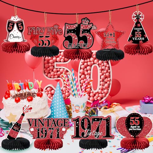 9Pcs 55th Birthday Decorations Red and Black 55th Birthday Party Decorations for Women,Happy 55 Years Vintage 1971 Aged Honeycomb Centerpieces Table Sign Decor Supplies - color: Red Black 55th