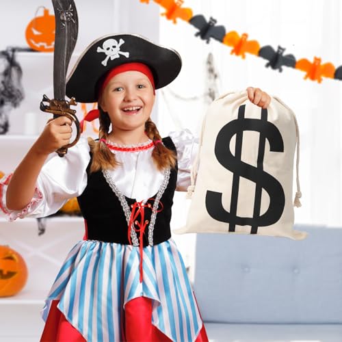 4Pcs 11.8 x 15.7 Inches Canvas Money Bags - Halloween Prop Money Bag with Dollar Sign, Money Sacks for Bank Robber Costume Pirate Cosplay Theme Party - size: L-11.8 X 15.7 in