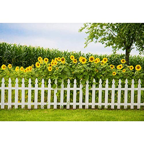 Leyiyi Spring Natural Scenery Backdrop 8x6ft Photography Backdrop Blossoming Yellow Sunflowers Tall Lush Tree White Wooden Textured Fence Family Children Baby Girl Personal Portraits Studio Props - size: 8x6ft