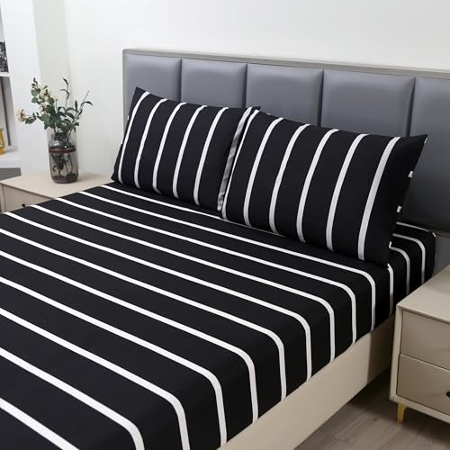 MAG 3pcs Striped Twin Bed Sheet,Black and White Pattern Microfiber Bedding Sheet Set,Hotel Quality Sheets with1 Fitted Sheet and 2 Pillowcases,14 Inches Deep (Black and White, Twin) - color: Striped, size: Twin