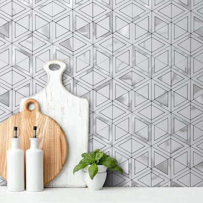 DICOFUN 10-Sheet White Marble Look Triangle Mosaic Tiles Peel and Stick Backsplash for Kitchen, PVC Mixed Metal Silver Chevron Stick on Backsplash Wall Tiles - color: White Marble and Metal Silver, size: 10 Sheets, 12"x12"x0.12"