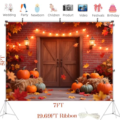 Large 7x5FT Fall Autumn Backdrop – Fall Photography Background with Pumpkin, Maple Leaves & Barn Wood (Includes 19.68FT Ribbon) – Thanksgiving, Friendsgiving, Harvest Party Decor, Photo Booth Props - color: Autumn Backdrop, size: 7x5FT