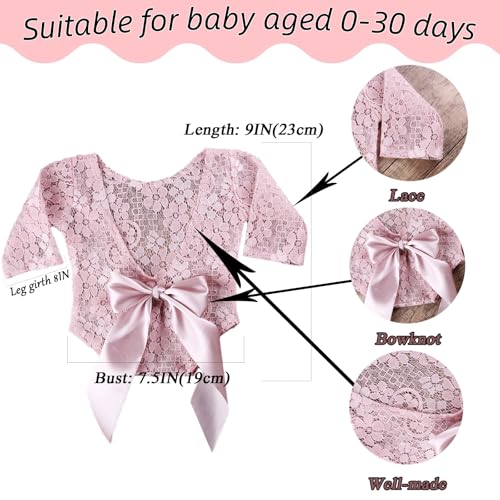 Newborn Photography Outfits, Cute Baby Lace Ribbon Rompers with Headband for Infant Photography Props - color: Pink
