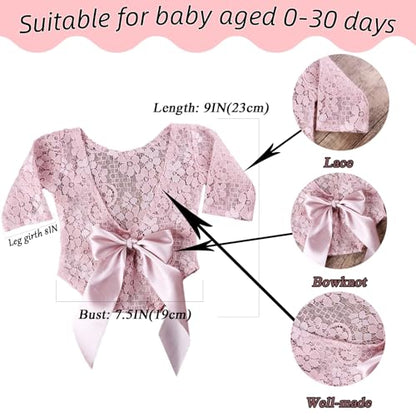 Newborn Photography Outfits, Cute Baby Lace Ribbon Rompers with Headband for Infant Photography Props - color: Pink