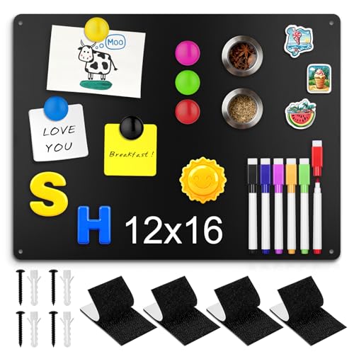 12" x 16" Magnetic Board, Black Magnet Bulletin Board to Display Magnetic Letters, Metal Board for Wall, Refrigerator Photo, with Dual Lock Tape and Screws, Marker Pen - color: Black, size: 12“ x 16"