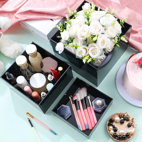 Set of 3 Acrylic Display Risers - 5 Sided Boxes With Hollow Bottoms, Nesting Cubes Display Stand Shelf for Cosmetic, Food, Collectibles, Jewelry, Figures Show (Black) - color: Black