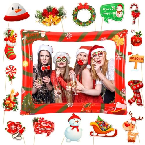 Christmas Photo Booth Props 53 PCS Set - Large Frame 30x25.6 in, Pose Sign Picture Props for Xmas Winter Holiday New Year Party Favors, Selfie Game Decor