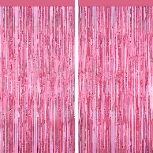 Pink Tinsel Backdrop Foil Fringe Curtains - 2 Packs Door Streamers Backdrop for Birthday Door Decorations, Party Supplies for Wedding Anniversaries, Christmas, Valentines Day Decorations - color: Pink