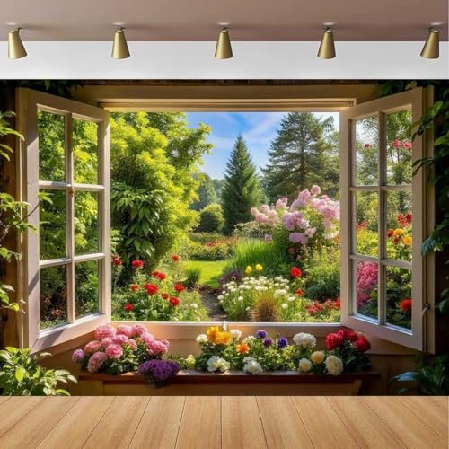 Spring Summer Garden Window Backdrop for Photography Floral Nature Landscape Photo Background Flowers and Trees Vibrant Flowers Party Decorations Banner Wedding Baby Shower Party Supplies 9x6ft - size: 9X6FT