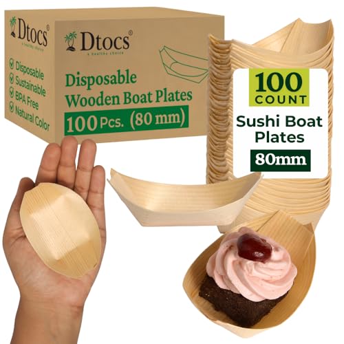 Dtocs Disposable Wooden Boat Plates 100 Pc – 80 mm Biodegradable Wood Serving Boats | Eco-Friendly Food Boats for Sushi, Desserts, Dips, Sauces | Alternate to Plastic, Bamboo, Paper Plates - size: 80mm-100 Pcs