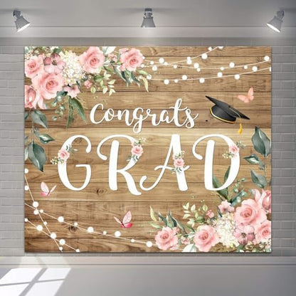 Graduation Congrats Grad Photography Backdrops 12x8ft Vinyl Boho Floral Flower Wood Board Class of 2025 Backdrop Background Party Background Banner Supplies Photo Booth Props for Prom Party - size: 12′x8′