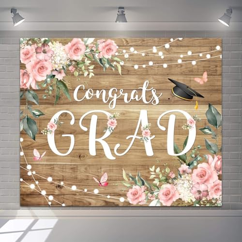 Graduation Congrats Grad Photography Backdrops 12x8ft Vinyl Boho Floral Flower Wood Board Class of 2025 Backdrop Background Party Background Banner Supplies Photo Booth Props for Prom Party - size: 12′x8′