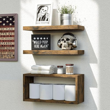 RICHER HOUSE Floating Shelves Set of 3, Modern Bathroom Shelves Wall Mounted Shelves with Invisible Brackets Over Toilet, Rustic Wall Shelves for Bathroom Bedroom, Living Room, Kitchen - Brown - color: Brown, size: 2+1