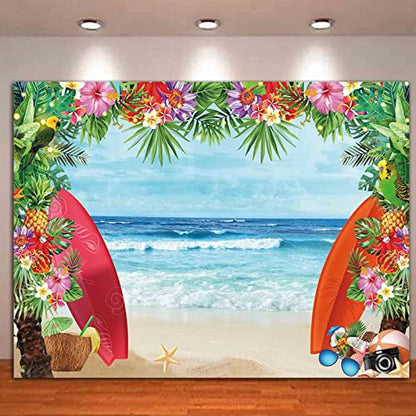 8x6FT Summer Tropical Beach Theme Photo Background Fabric Beach Conch Hawaii Blue Sea Flower Children Birthday Luau Party Photography Backdrop Kids Baby Shower Cake Table Decor Studio Shoot Props - size: 8X6 FT