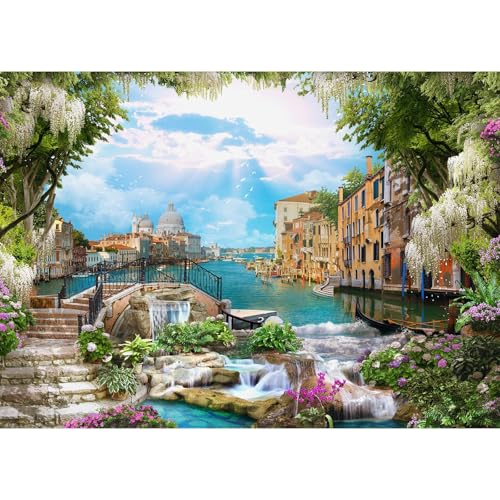 Italy Backdrop Europe Ancient Old City Italy Photography Background Venice Sea Ancient Houses Blossoming Flowers Waterfalls Backdrop Decors for Travel Vacation Birthday Party Portrait Props 5x3ft - color: Green_Blue, size: 5x3ft