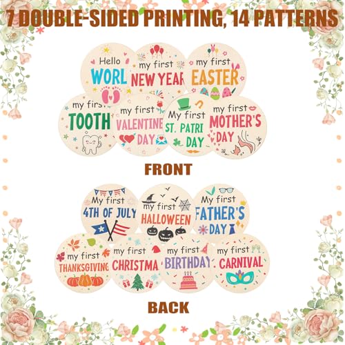 7pcs My First Holiday Baby Milestones Cards, My 1st Signs of 14 Holidays Wooden Circles New Baby Sign Double Sided Baby Discs Announcement Newborn Photo Props for Baby Shower Party Supplies Gift