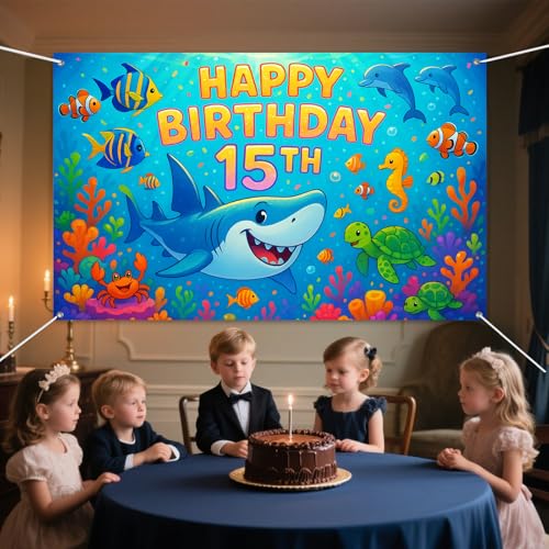 IVN Happy 15th Birthday Backdrop Banner 71x43 Inch Ocean Theme Under the Sea Fifteenth Birthday Party Decorations Photography Background Photo Booth Props for Boys Girls - color: Happy Birthday 15th (Seahorse Design)