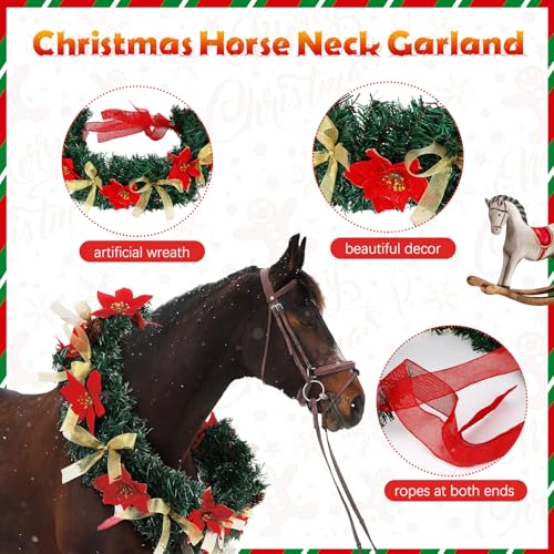 Dingion Christmas Wreath Horse Christmas Horses Neck Garland 16.9 Inches Artificial Outdoor Garland Horse Costume Rustic Farmhouse Decor for Xmas Holiday Party Parades Supplies(Poinsettia Style) - style: Poinsettia Style