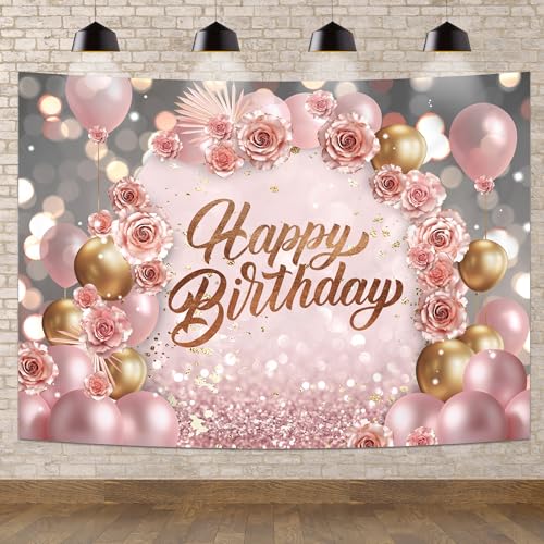 Newsely Rose Gold Happy Birthday Backdrop 7Wx5H Photography for Girls Women Pink Floral Flower Balloons Arch Modern Elegant Background Aesthetic Party Decorations Banner Photo Booth Props Supplies - color: C-Pink, size: 7Wx5H