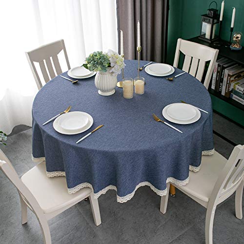 EHouseHome Faux Linen Tablecloth with Lace Trim - Waterproof/Spill Proof/Stain Resistant/Wrinkle Free/Oil Proof - for Banquet, Parties, Dinner,Wedding,Holiday,Denim Blue Round 70Inch - color: Denim Blue, size: 70" (Round)