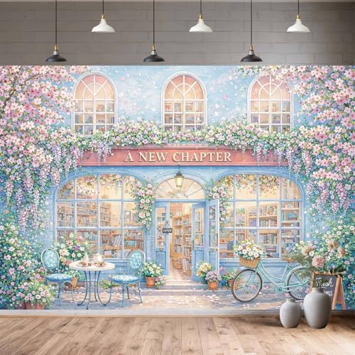 7X5ft A New Chapter Begins Backdrop Bridal Shower Blue Floral Book Shop Wedding Engagement Photography Background Bridal Shower Party Decoration Supplies Cake Table Photo Booth Studio Props - color: Blue 02, size: 7X5FT
