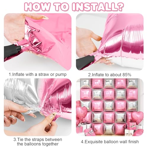 Pink Silver Square Foil Balloon Wall,25Pcs Double Sided Balloons Backdrop Helium Balloon Tunnel Arch Garland Kit for Christmas Birthday Bridal Anniversary Baby Shower Party Decorations - style: Pink Silver