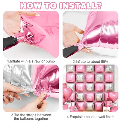 Pink Silver Square Foil Balloon Wall,25Pcs Double Sided Balloons Backdrop Helium Balloon Tunnel Arch Garland Kit for Christmas Birthday Bridal Anniversary Baby Shower Party Decorations - style: Pink Silver