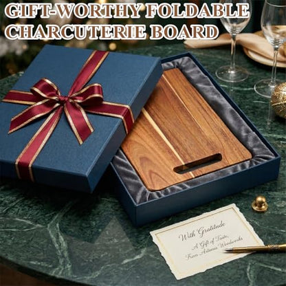 Large Charcuterie Board with Handles – 33 x 12 Inch Extra Large Acacia Wood Foldable Long Serving Tray – Portable Big Cheese Board and Long Cutting Board for Appetizers, Party, or Travel