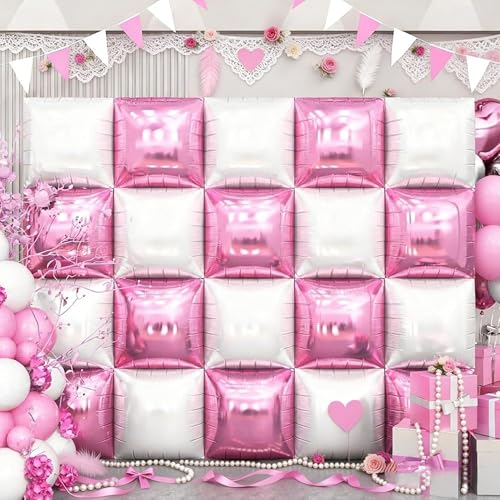HILAVO Pink and White Square Balloon, 20 PCS Double Sided Foil Balloons Wall Flat Square Balloon Backdrop for Girls Coquette Birthday Decoration Bridal Baby Shower Party Decoration - color: Pink White