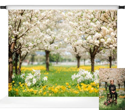 Kate Spring Backdrop White Sakura Green Grass Natural Scenery Forest Trees Season Holiday Photography Props, 10x8ft - size: 10x8ft