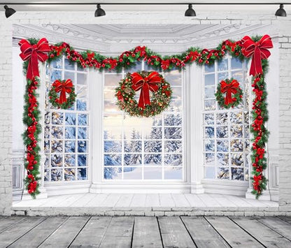 7x5Ft Christmas Window Backdrop for Photography Holy Garland String Lights Santa Claus Background Winter Snow Scene Merry Christmas Photo Backdrop Studio Props Banner - size: 7X5Ft