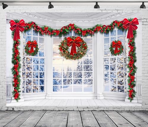 10x8Ft Christmas Window Backdrop for Photography Holy Garland String Lights Santa Claus Background Winter Snow Scene Merry Christmas Photo Backdrop Studio Props Banner - size: 10X8Ft