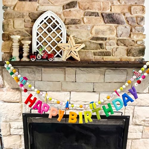2 PCS Pre-Strung Happy Birthday Banner, Rainbow Party Decorations, HAPPY BIRTHDAY Felt Ball Garland, Personalized Birthday Sign for Birthday Decor, Party Supplies, Photo Prop, Decoración De Cumpleaños - color: Birthday Banner + Birthday Candles Gift Garla