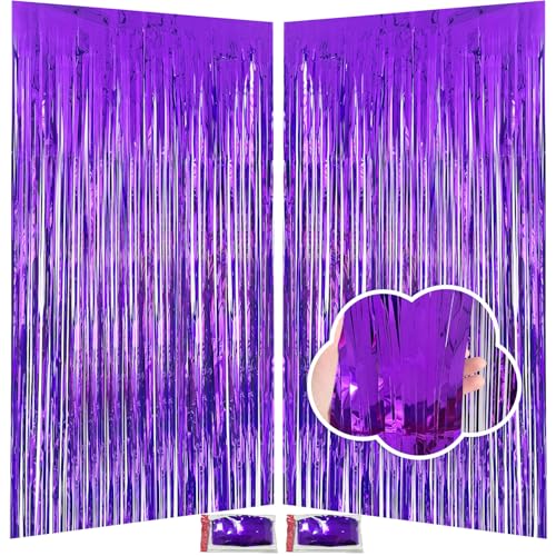 Purple Backdrop Party Decorations 3.3x8.2ft, 2 Pack Foil Fringe Curtains Door Streamers for Easter Decor, Purple Tinsel Backdrop for Demon Hunters Birthday Graduation Baby Shower Halloween Christmas - color: Purple