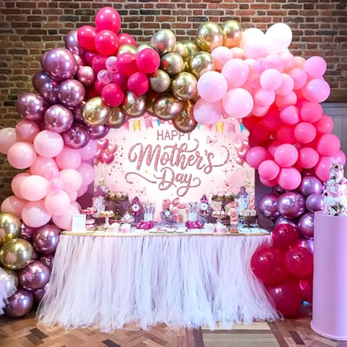 Happy Mother's Day Backdrop 7x5ft Pink Rose Floral Polyester Photography Background for Party Photo Booth Studio Banner Photoshoot Decoration - size: 7x5FT