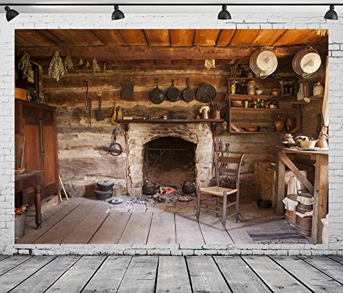 BELECO Rustic Kitchen Backdrop 10x8ft Fabric Western Old Wooden House Kitchen Interior Background Rural Farmhouse Fireplace Cooking Utensils Cooking Background Farmers Cowboys Portrait Photo Props - size: 10x8FT