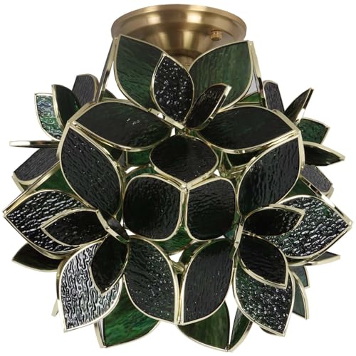 Bieye L11043 Flower Petals Tiffany Style Stained Glass Close to Ceiling Light for Home Decor (Textured Deep Green, 12" Rose Lily) - color: Textured Deep Green, size: 12" Rose Lily