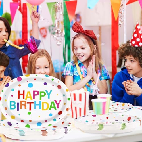 50Pcs Happy Birthday Oval Paper Plates 10" x 12" Large Disposable 400GSM Heavy Duty Rainbow Colorful Dots Platters Plates Happy Birthday Party Decorations for BBQ Picnic Baby Shower Party Supplies - style: 50Pcs Colour Dots Plates