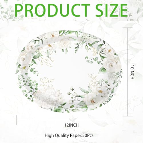 50PCS White Floral Oval Paper Plates 10"X12" Eucalyptus Flower Plates Disposable Heavy Duty Green Leaves White Flowers Tablewre Spring Blossom Flowers Dinnerware for Wedding Birthday Bridal Shower - style: 50PCS White Floral Oval Plates